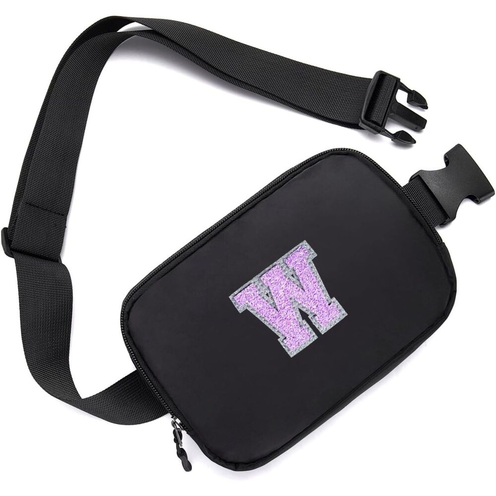 Fanny pack Black belt bag with a purple initial 'w' patch.